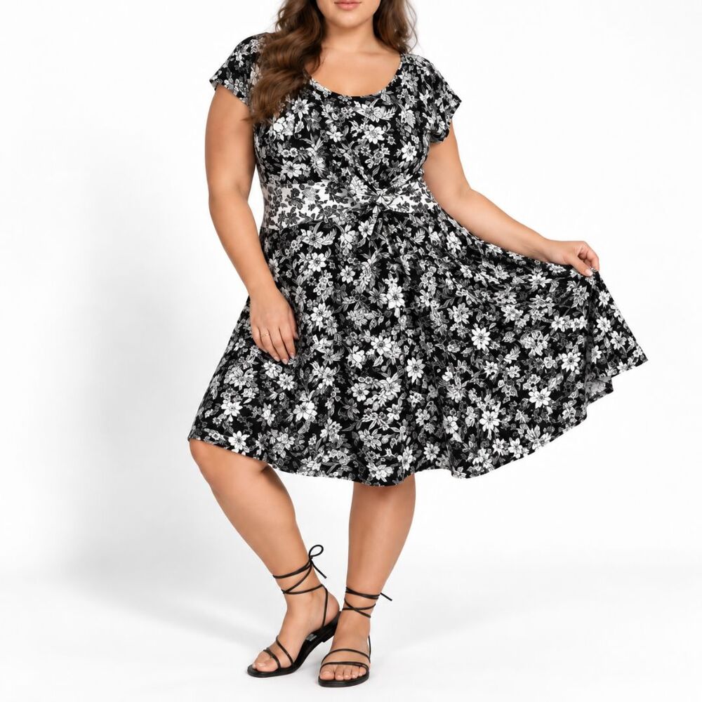 Lands End Dress 2X Plus Black White Floral Fit Flare Twist Waist Midi Stretch